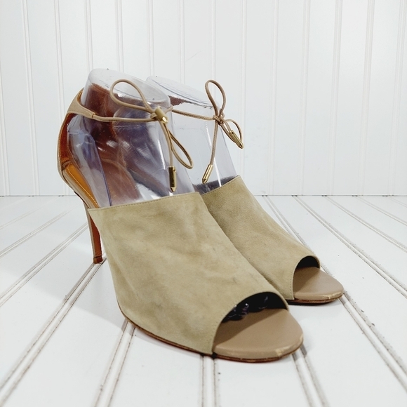 Aquazzura Estelle Leather Suede Cream Grey Taupe Ankle Tie Peep Toe Heels B462 - Picture 4 of 13